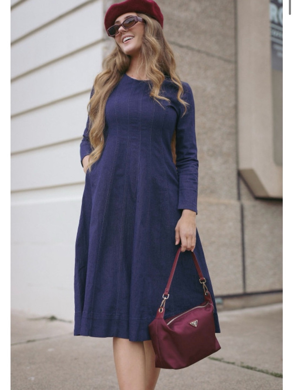 Dainty Jewells Navy Blue Long-Sleeve Midi Dress (The Essential Denim Dress)
